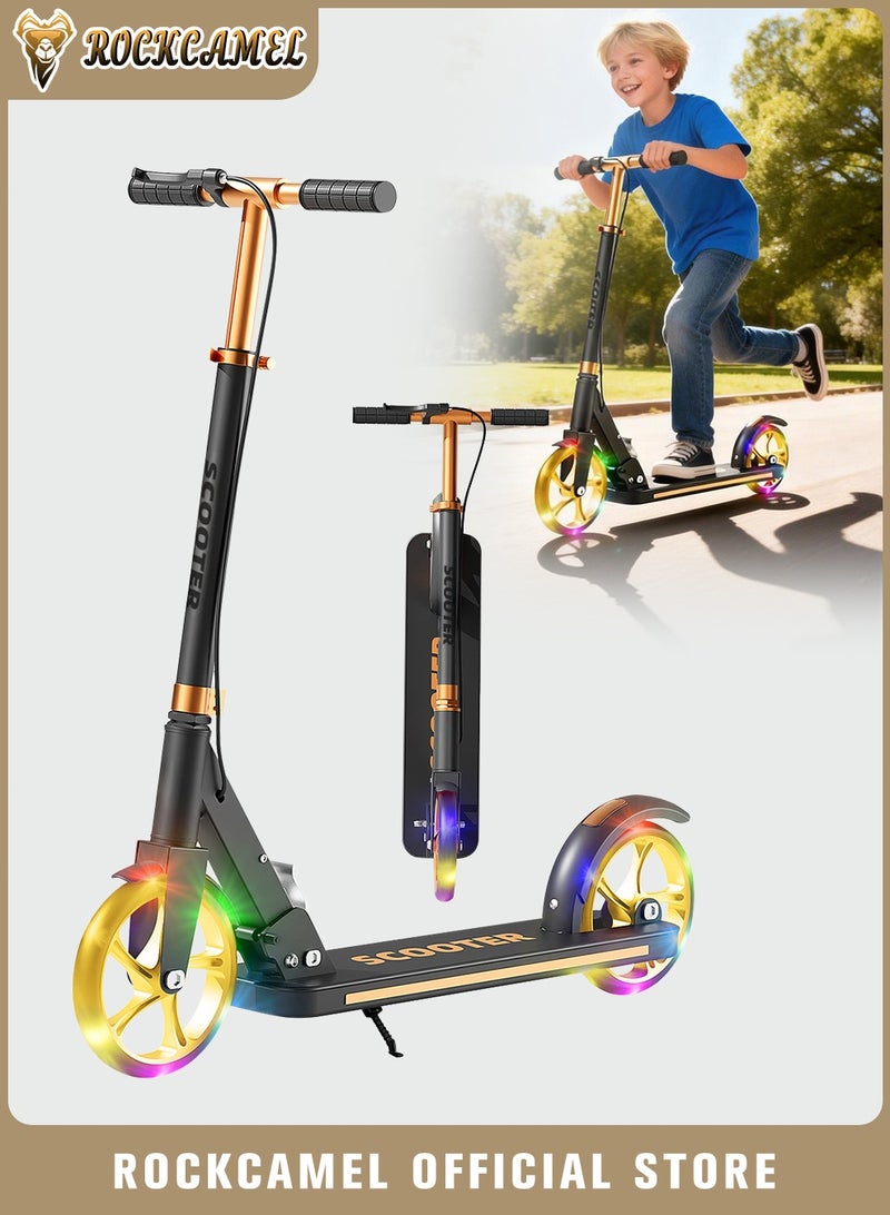 ROCKCAMEL 2-Wheel Kick Scooter with Handlebar & Rear Foot Brake, Foldable Lightweight Scooter with LED Lighted Wheels and 3-Level Adjustable Height Handlebars, Push Scooter for kids 5-18 Years, Black - Image 1